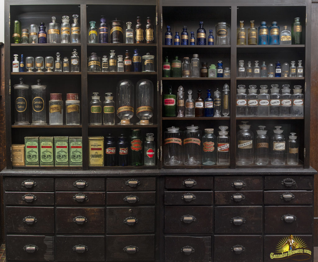 Apothecary cabinet display from The Cannabis Museum collection